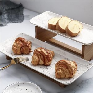 2-Tier Ceramic Bowl With Bamboo Stand For Fruit & Snacks - Image 4