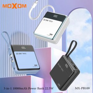 MOXOM MX PB109 10000MAH Power Bank - Built In Cable - Black - Image 2