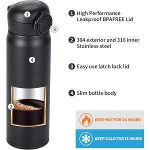 500 Ml Insulated Water Bottle, Stainless Steel Thermos Coffee Travel Mug - Image 4