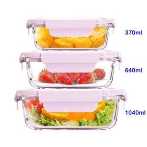 3-Pieces Rectangular Glass Food Storage Containers with Air Vent Lid 370/640/1040ml - Image 3