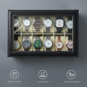 12-Slots High Quality PU Leather Watch Box Organizer-Black - Image 5