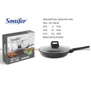 Sonifer 20/22/24/26/28/30/32cm  Wear-Resistant Non-Stick Granite Fry Pan With Glass Lid SF-1129 Black - Image 6