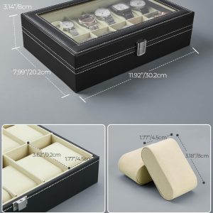 12-Slots High Quality PU Leather Watch Box Organizer-Black - Image 6