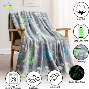 Dinosaur Glow in The Dark Blanket for Kids - Grey 150cm x 200cm - Image 3