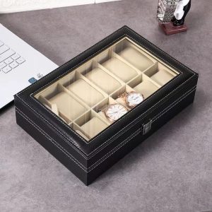 12-Slots High Quality PU Leather Watch Box Organizer-Black - Image 7