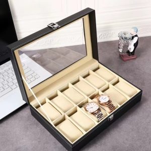 12-Slots High Quality PU Leather Watch Box Organizer-Black - Image 8
