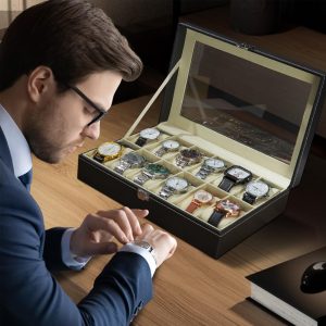 12-Slots High Quality PU Leather Watch Box Organizer-Black - Image 3