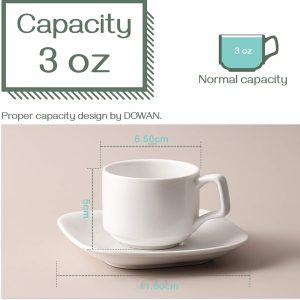 Danny Home Porcelain Espresso Cups with Square Saucers, 3 oz Stackable Espresso Cups Set of 6, White - Image 4