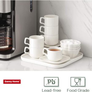 Danny Home Porcelain Espresso Cups with Square Saucers, 3 oz Stackable Espresso Cups Set of 6, White - Image 3