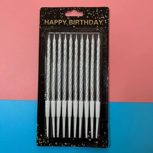 CAKE 10-Pcs Metallic Long Thin Metallic Birthday Candles - Silver - Image 3