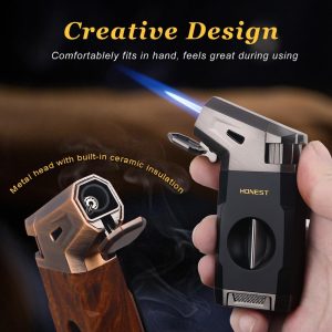 HONEST Torch Cigar Lighter with Windproof Jet Flame, Built-in V Cigar Cutter - Image 5