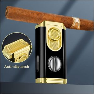 Triple Jet Torch Cigar Lighter, with Cigar V Cutter & Cigar Holder - Black & Silver - Image 4