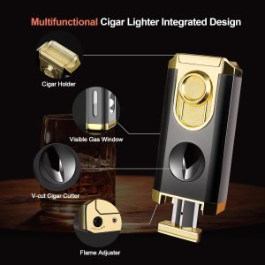 Triple Jet Torch Cigar Lighter, with Cigar V Cutter & Cigar Holder - Black & Silver - Image 6