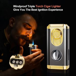 Triple Jet Torch Cigar Lighter, with Cigar V Cutter & Cigar Holder - Black & Silver - Image 5