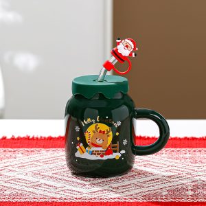 Christmas Ceramic Cup with Lid and Straw - Image 3