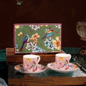 Vintage Ceramic Coffee Cup With Plate Bird Design 2x160ml - Image 1