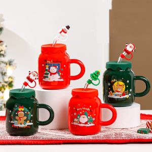 Christmas Ceramic Cup with Lid and Straw - Image 1