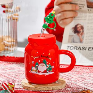 Christmas Ceramic Cup with Lid and Straw - Image 4