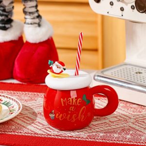 Christmas Santa Claus Ceramic Cup with Silicone Cup Lid and Straw - Image 4
