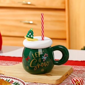 Christmas Santa Claus Ceramic Cup with Silicone Cup Lid and Straw - Image 5
