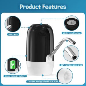 4W 1200mAh DC-5V High Power Water Pump Dispenser With 304 Stainless Steel Hose MX-808 (L16 x W6.5 x H14)cm - Black - Image 3
