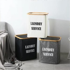 Square Bamboo Fabric Laundry Basket with bamboo frame - Image 4