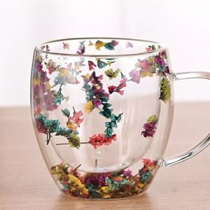 Dried Flowers Double Wall Clear Glass Coffee Mugs - 250ml - Image 5