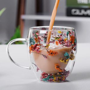 Dried Flowers Double Wall Clear Glass Coffee Mugs - 250ml - Image 4