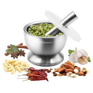 Stainless Steel Mortar and Pestle Set With Protective Lid 12-cm - Image 3