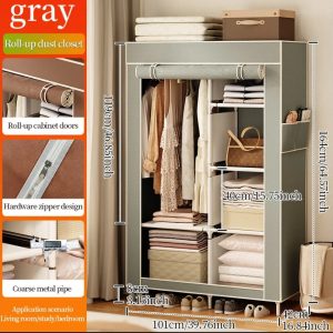 2-Section Fabric Wardrobe Closet Durable with Shelves & Hanging Rod (101x42x174cm) - Grey - Image 3
