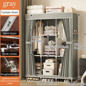 3-Section Fabric Wardrobe Closet Durable with Shelves & Hanging Rod (122x42x174cm) - Grey - Image 3