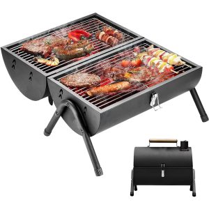 Carbon Steel Foldable Portable Barbecue Grill With Two Grilling Panel & Wooden Handle For Outdoors (L37 x W26 x H15)cm - Black