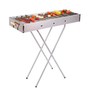 Portable Stainless Steel Barbecue Grill Durable, Lightweight With Wooden Handle Perfect For Outdoor Cooking (W78 x D30 x H80)cm