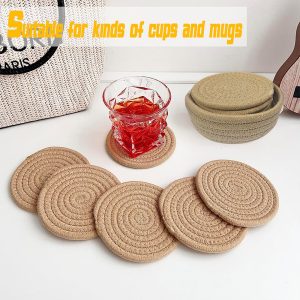 6-PCS Round Handmade woven Cotton Coasters with Storage Basket 10cm - Beige
