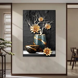 Wall Art Flower with Golden For Living Room 80x120cm