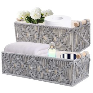 2-Pcs Bohemian Macrame Storage Baskets Organizer for Bedroom Livingroom Home Set - Grey