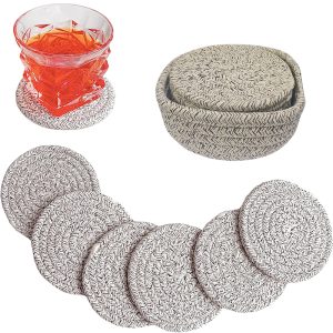 6-PCS Round Handmade woven Cotton Coasters with Storage Basket 10cm - Brown/White