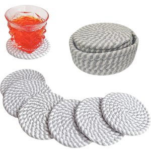 6-PCS Round Handmade woven Cotton Coasters with Storage Basket 10cm - Grey/White