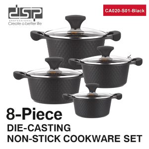 DSP CA020-S01-Black, 8-Piece Die-Cast Non-Stick Casserole Cookware Set