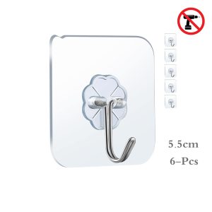 6-Pcs Heavy Duty Waterproof Transparent Adhesive Stainless-Steel Hooks 5.5cm (Load Up to 2-3 Kg)