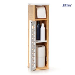 2-Tier Waterproof Wooden Bamboo Storage Cabinet Organizer with Toilet Roll Holder #50851