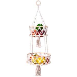 2-Tier Bohemian Macrame Hanging Basket, Handmade Fruit Basket, Cotton Rope Plant Holder for Kitchen Organizer