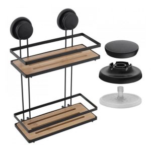 Bath & Kitchen Shelf Suction Cups Metal With Bamboo 37x26x10.5cm