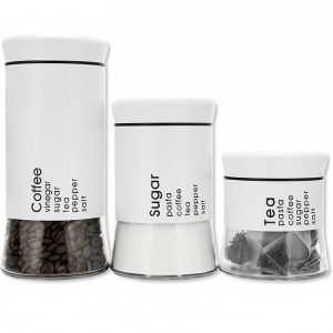 3-Pcs Stainless Steel With Glass Sugar Tea Coffee Canister Set Matte White-390/590/840ml