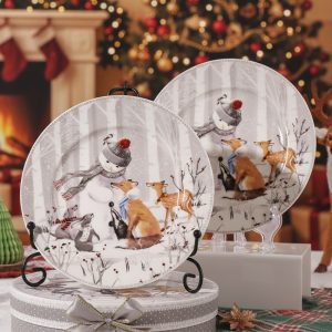 Vintage 2-Pcs Ceramic Christmas Plate 10.5-Inch Snowman Design #LC023S2/218