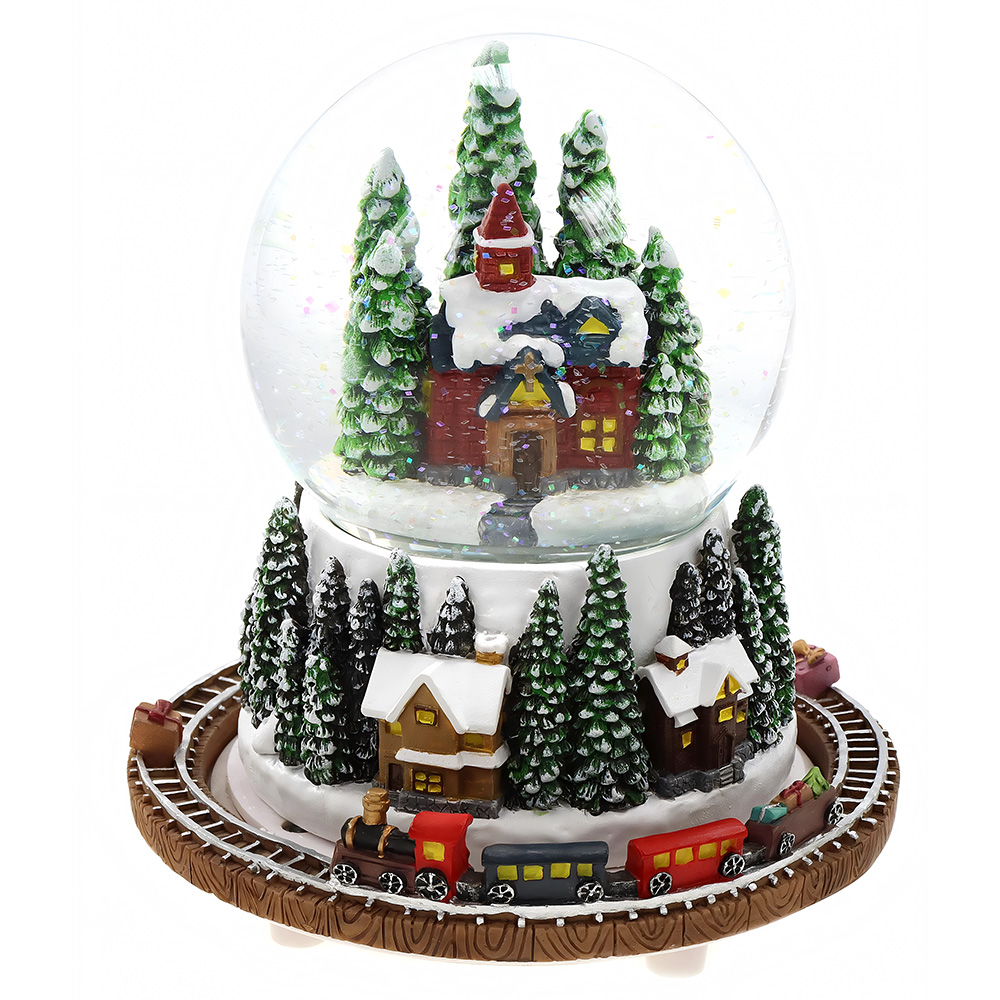 16cm Snow Globe Music Box with Church and Christmas Trees and Rotating ...