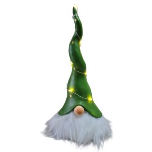Resin Christmas Decoration Gnome with Green Hat & String Lights