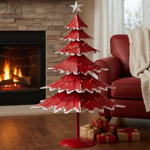 187-cm Elegant Metal Christmas Tree with Star – Red-White
