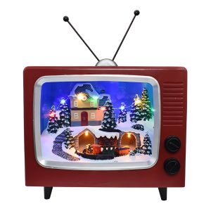 Red Retro TV with Animated Christmas Village Scene with LED Lights