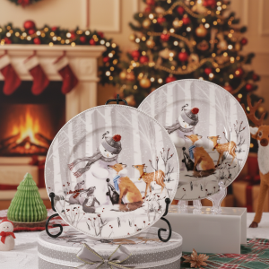 Vintage 2-Pcs Ceramic Christmas Plate 7.5-Inch Snowman Design #LC021S2/218